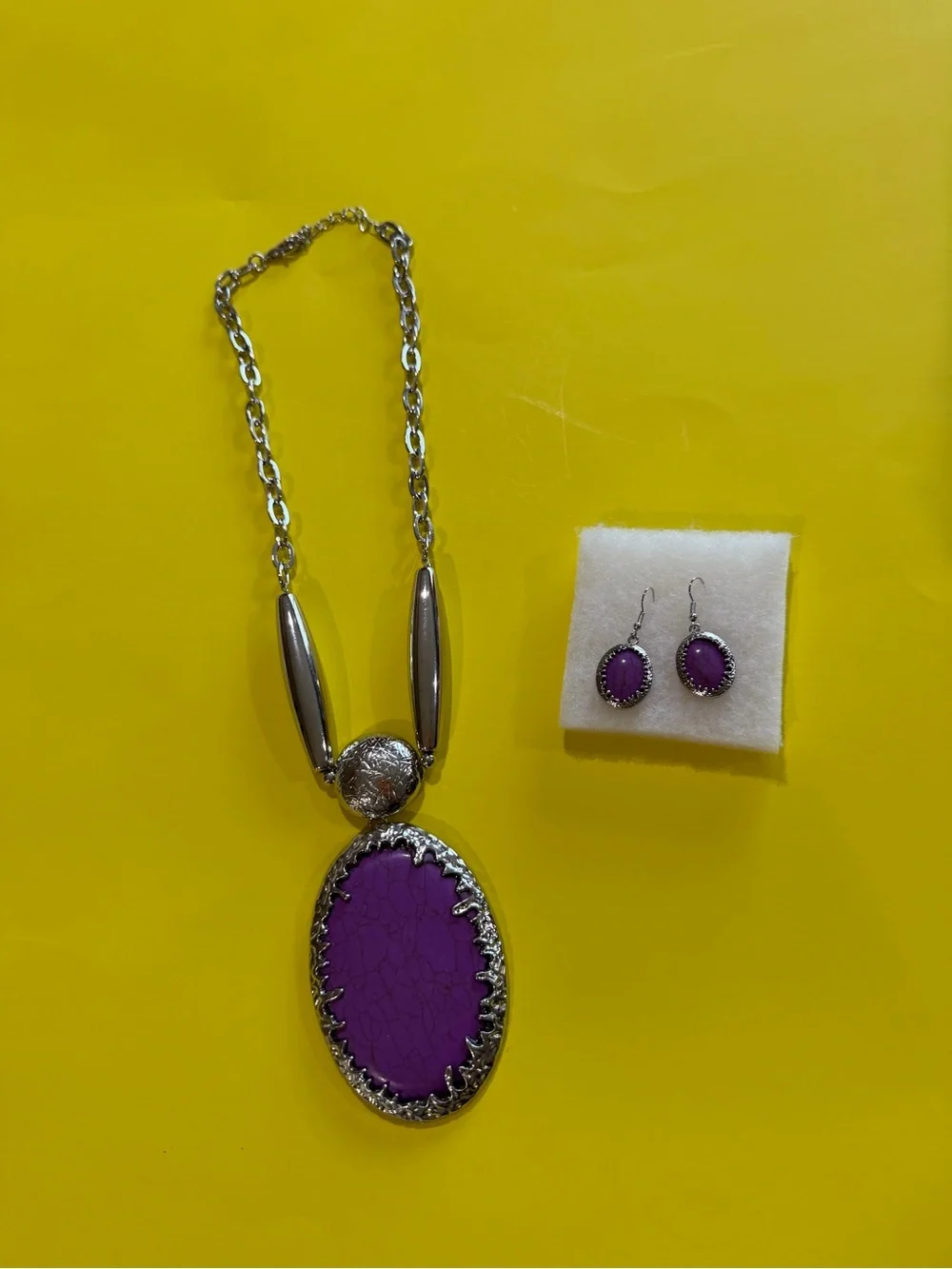 Purple Oval Pendant Necklace with Matching Earrings - Silver-Tone Accents